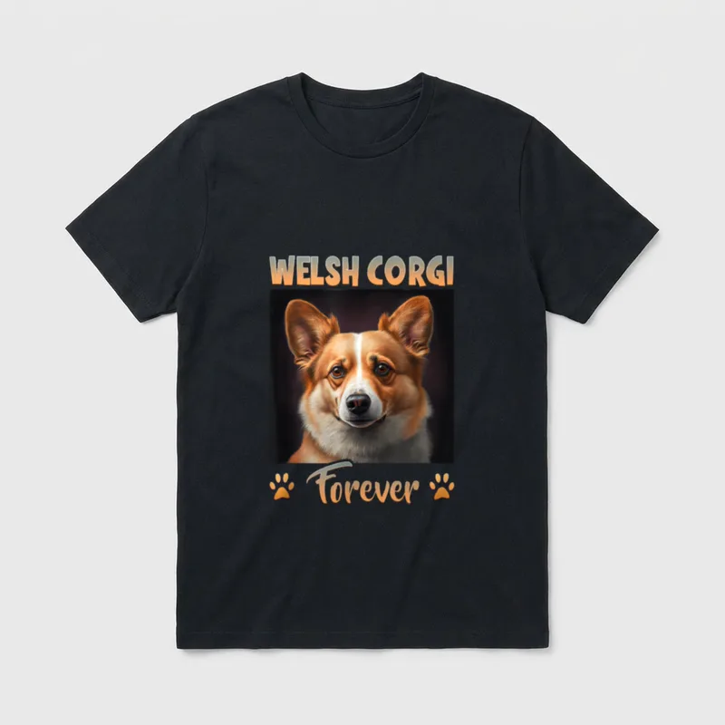 Welsh Corgi Besitzer Welsh T-Shirt – Welsh Corgi Porträt mit Schriftzug und Pfotenabdrücken – Klassisches T-Shirt in Schwarz