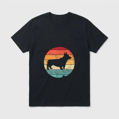 Corgi Dog Retro Vintage T-Shirt – Retro-Corgi-Silhouette vor rot-orange-blauem Streifenkreis – Klassisches T-Shirt in Schwarz