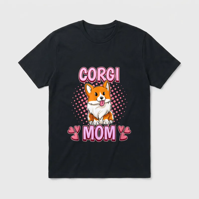 Corgi Mom Mama Corgi T-Shirt – Comic-Corgi mit rosa Buchstaben Corgi Mom und Herzmotiven – Klassisches T-Shirt in Schwarz