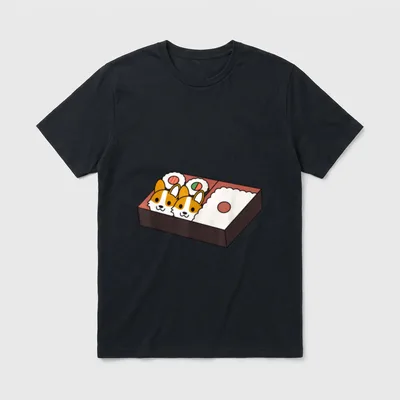 Sushi Bento Box Corgi T-Shirt – Bento-Box mit zwei Corgi-Köpfen als Sushi-Rollen – Klassisches T-Shirt in Schwarz