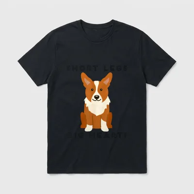 Kurze Beine Big Heart T-Shirt – Corgi sitzend mit Text SHORT LEGS BIG HEART! – Klassisches T-Shirt in Schwarz
