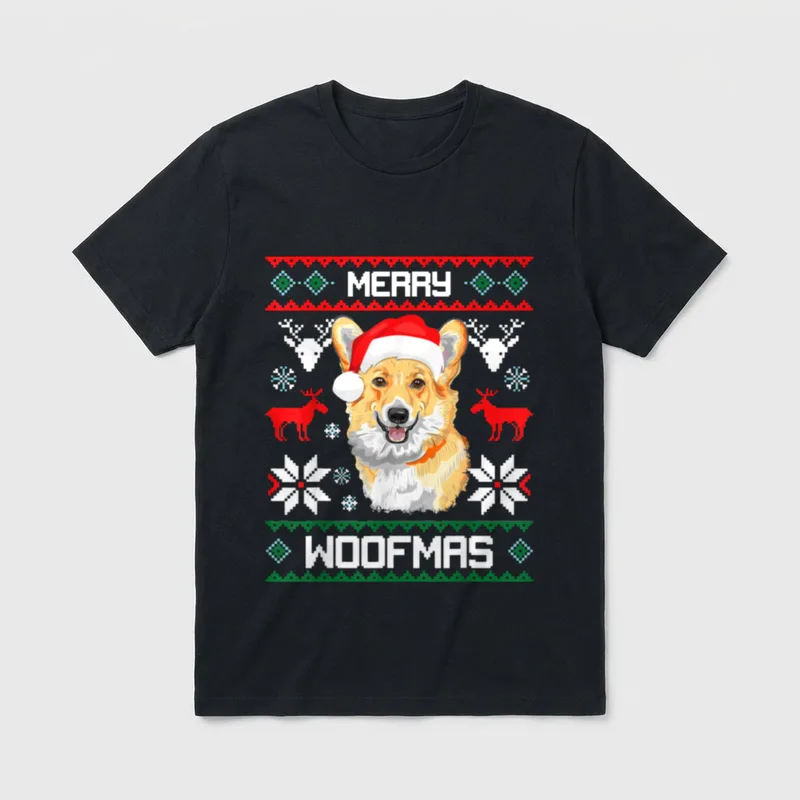 Welsh Corgi Pembroke Merry T-Shirt – Corgi mit Santa-Mütze und Pixel-Schneeflocken Muster – Klassisches T-Shirt in Schwarz