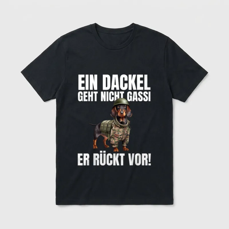 EIN Dackel Geht Nicht T-Shirt – Dackel in Tarnuniform und Helm mit Text – Klassisches T-Shirt in Schwarz