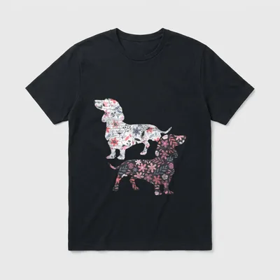 Vintage Dackel T-Shirt – Zwei blumig gemusterte Dackelsilhouetten im Vintage-Look – Klassisches T-Shirt in Schwarz