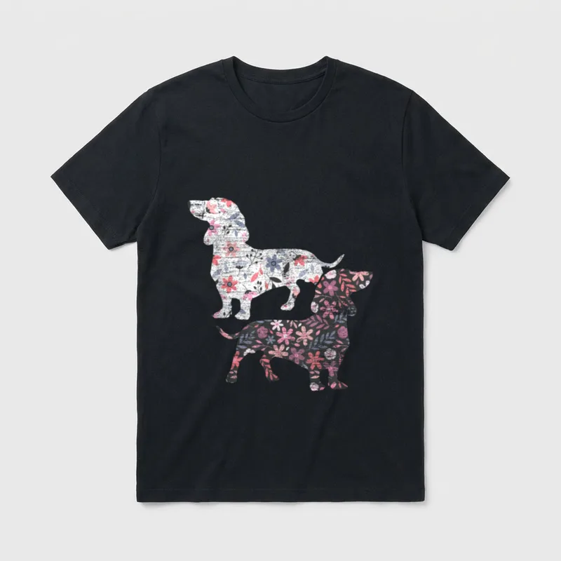Vintage Dackel T-Shirt – Zwei blumig gemusterte Dackelsilhouetten im Vintage-Look – Klassisches T-Shirt in Schwarz