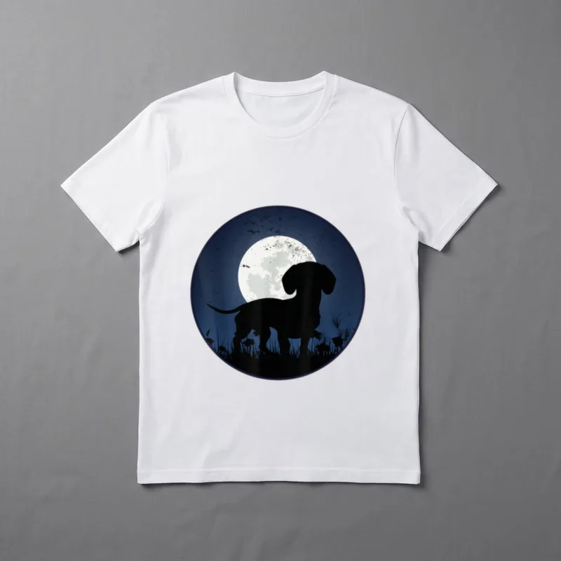 mit Dackel-Motiv T-Shirt 0040 – Dackel-Silhouette vor Vollmond im Kreisdesign – Klassisches T-Shirt in Schwarz