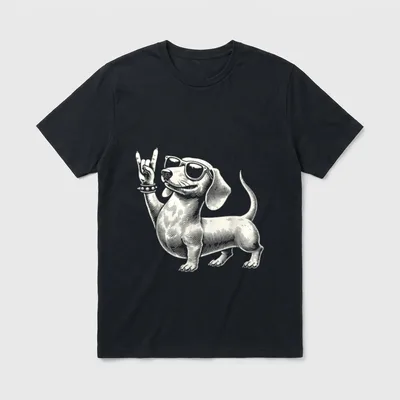 Rock Musik Lustige Heavy T-Shirt – Dackel mit Sonnenbrille und Rock-Geste im Gravur-Stil – Klassisches T-Shirt in Schwarz