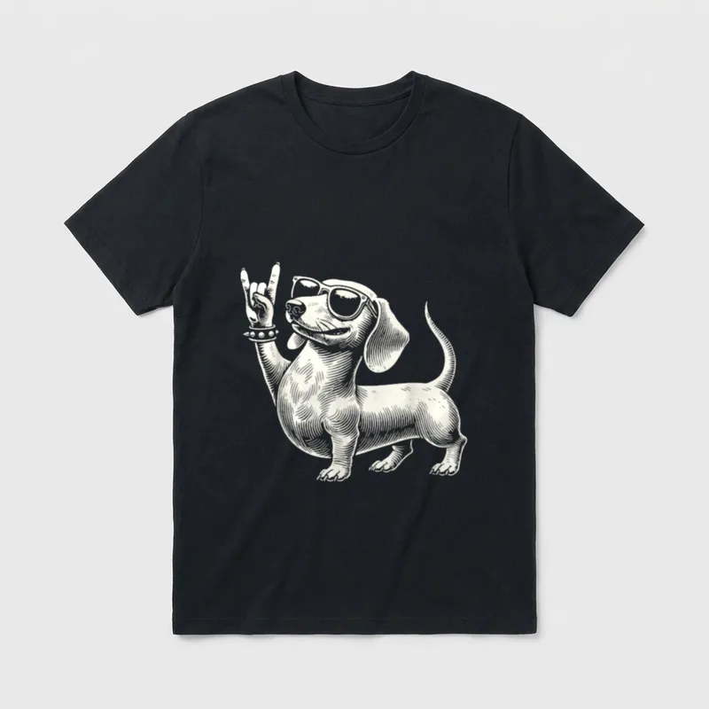 Rock Musik Lustige Heavy T-Shirt – Dackel mit Sonnenbrille und Rock-Geste im Gravur-Stil – Klassisches T-Shirt in Schwarz