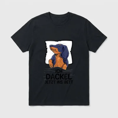 Ich Dachshund jetzt ins T-Shirt – Schlafender braun-blauer Dackel auf weißem Kissen mit Text – Klassisches T-Shirt in Schwarz