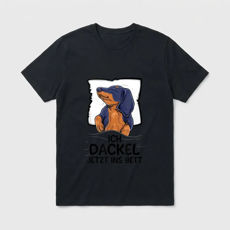 Ich Dachshund jetzt ins T-Shirt – Schlafender braun-blauer Dackel auf weißem Kissen mit Text – Klassisches T-Shirt in Schwarz
