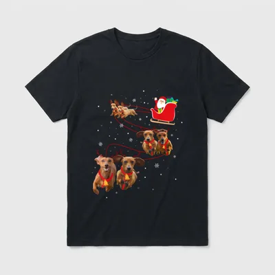 Dackel Weihnachts T-Shirt 0099 – Six dachshunds with antlers pulling Santa's sleigh in snow – Klassisches T-Shirt in Schwarz