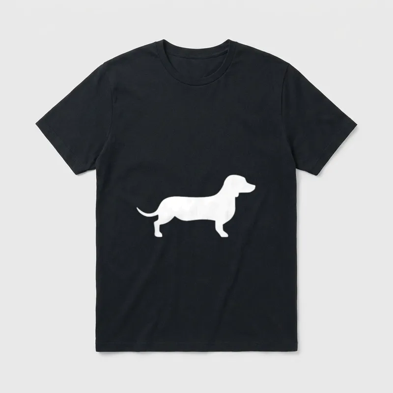 Dackel T-Shirt 0114 – Weiße Silhouette eines stehenden Dackels auf grauem Hintergrund – Klassisches T-Shirt in Schwarz