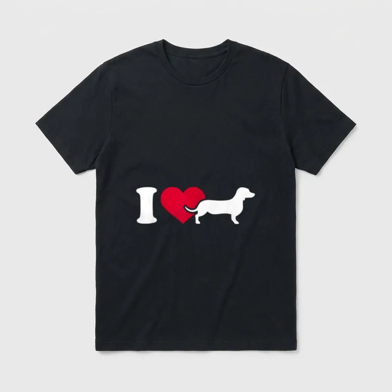 Ich liebe Dackel T-Shirt – Weißes I, rotes Herz und weiße Dackel-Silhouette auf grauem Grund – Klassisches T-Shirt in Schwarz