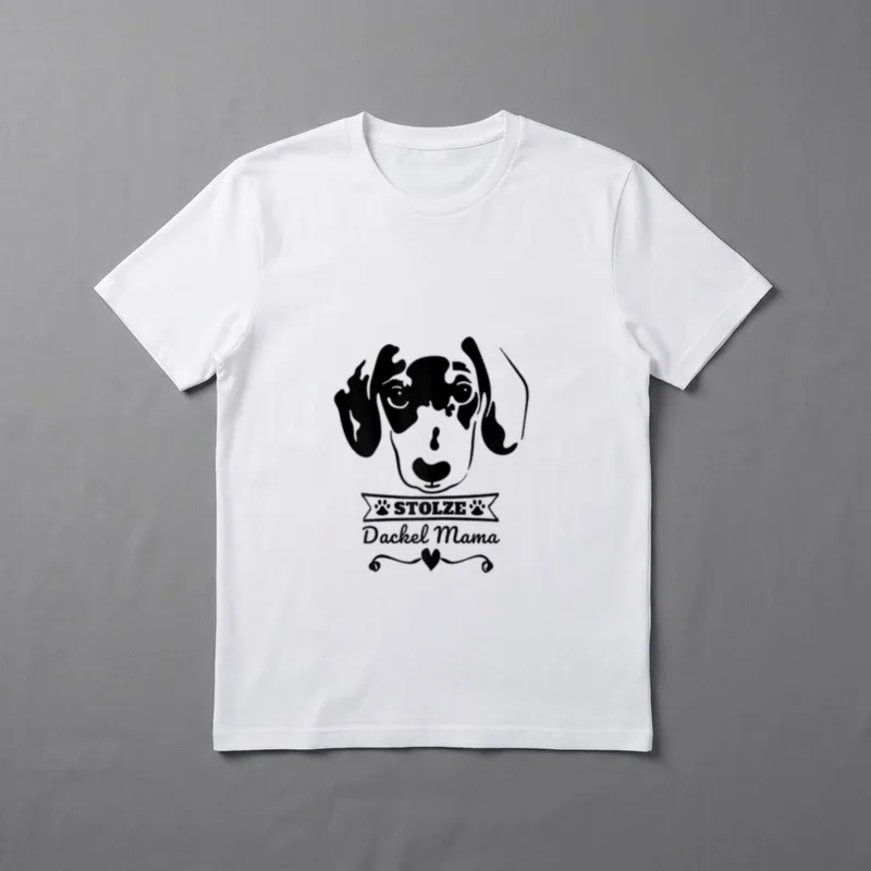 STOLZE DACKEL MAMA T-Shirt – Grafik eines Dackels mit Banner STOLZE Dackel Mama und Herz – Klassisches T-Shirt in Schwarz