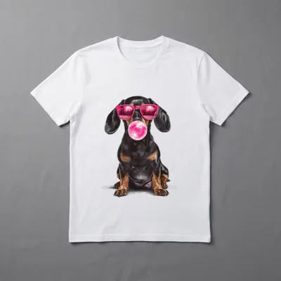 Dackel Kaugummi T-Shirt – Sitzender Dackel mit pinker Sonnenbrille und Kaugummiblase – Klassisches T-Shirt in Schwarz