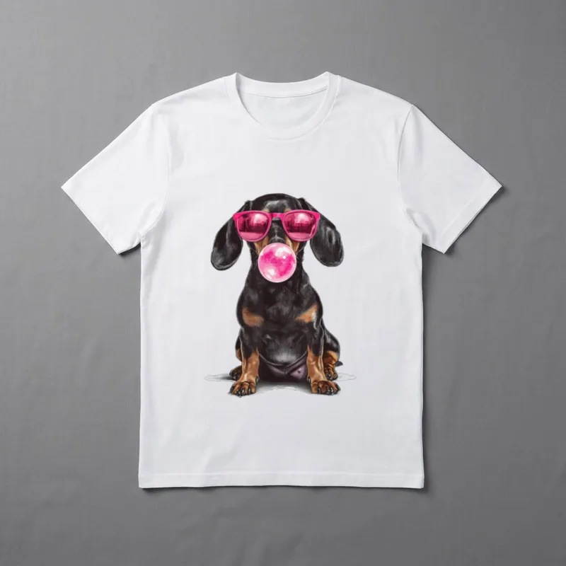 Dackel Kaugummi T-Shirt – Sitzender Dackel mit pinker Sonnenbrille und Kaugummiblase – Klassisches T-Shirt in Schwarz