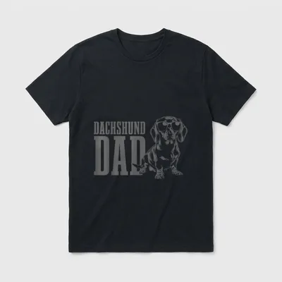Dackel Papa Wiener Hund T-Shirt – DACHSHUND DAD Text mit Dackel-Illustration und Brille – Klassisches T-Shirt in Schwarz