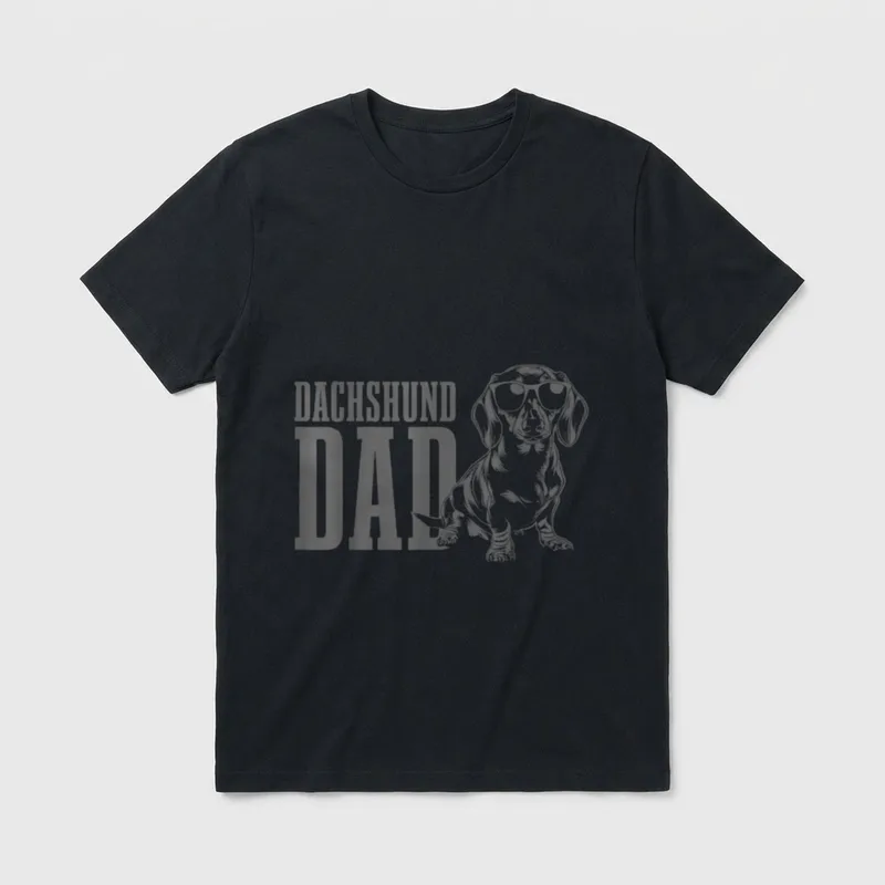 Dackel Papa Wiener Hund T-Shirt – DACHSHUND DAD Text mit Dackel-Illustration und Brille – Klassisches T-Shirt in Schwarz