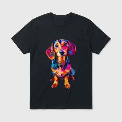Dackel Hund Grafik Haustier T-Shirt – Bunter geometrischer Dackel aus Dreiecken sitzend – Klassisches T-Shirt in Schwarz