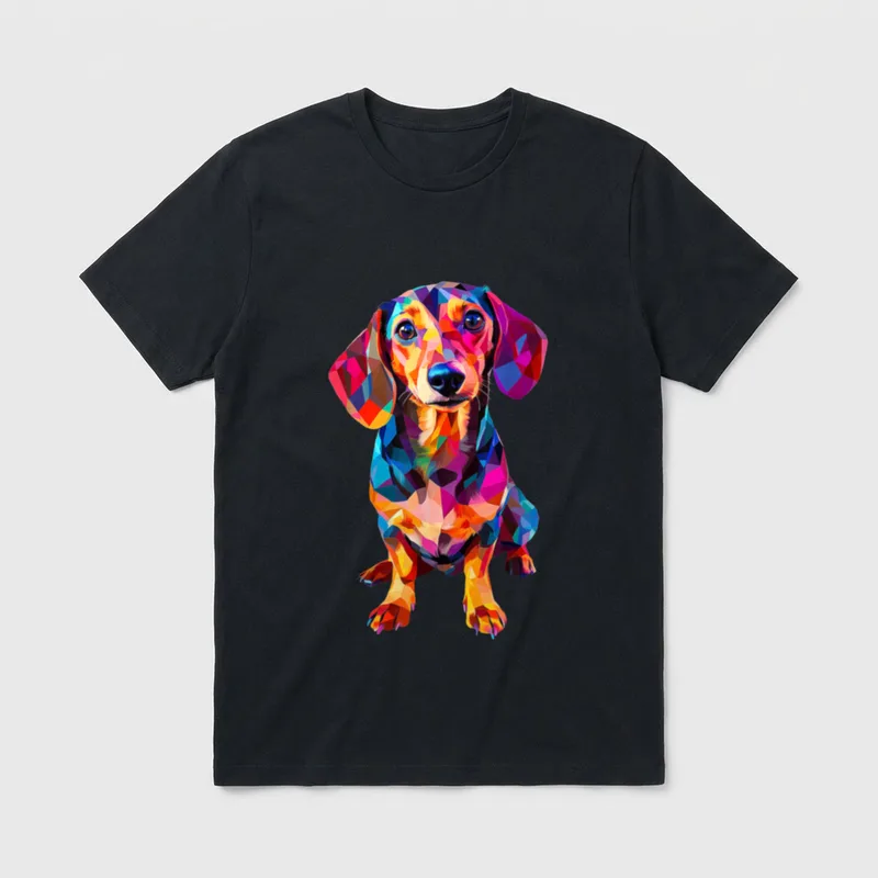 Dackel Hund Grafik Haustier T-Shirt – Bunter geometrischer Dackel aus Dreiecken sitzend – Klassisches T-Shirt in Schwarz