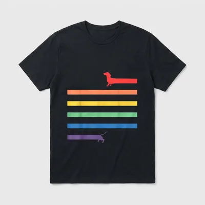 Lustiger LGBT Gay Pride T-Shirt – Dackel Silhouette Regenbogen Flagge Streifen – Klassisches T-Shirt in Schwarz