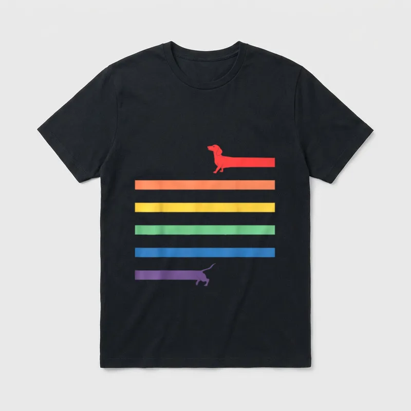Lustiger LGBT Gay Pride T-Shirt – Dackel Silhouette Regenbogen Flagge Streifen – Klassisches T-Shirt in Schwarz