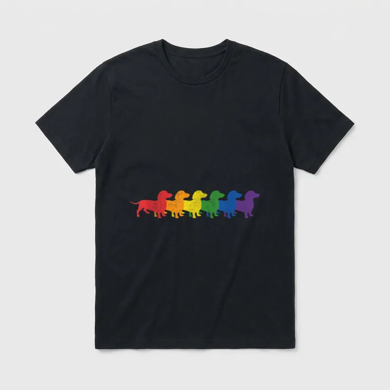 Dackel Hund Gay Pride T-Shirt – Sechs Dackel in Regenbogenfarben nebeneinander stehend – Klassisches T-Shirt in Schwarz