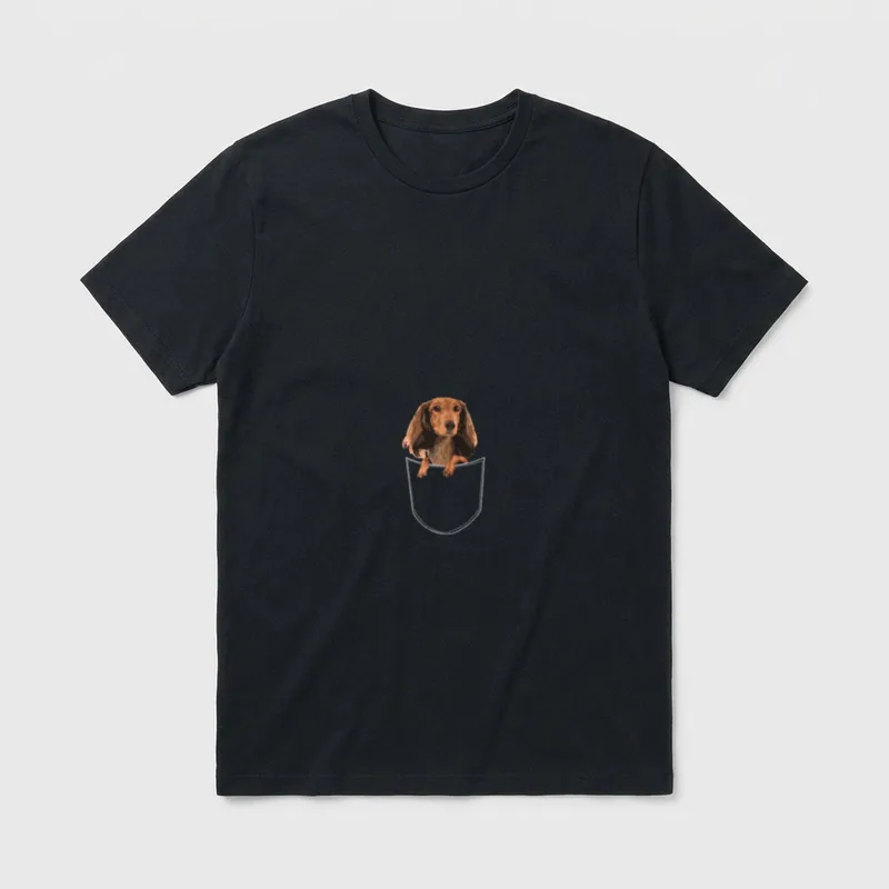 Dackel Teckel Dachshund T-Shirt 0343 – Brauner Langhaardackel in weißer Umrisstasche – Klassisches T-Shirt in Schwarz