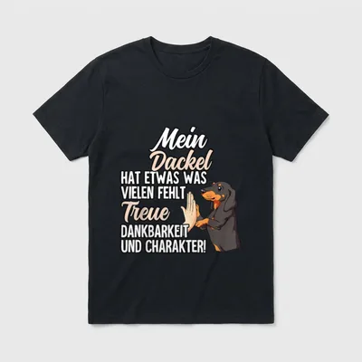 Dackel T-Shirt 0350 – Schwarzer Dackel gibt High Five neben Text über Treue und Charakter – Klassisches T-Shirt in Schwarz