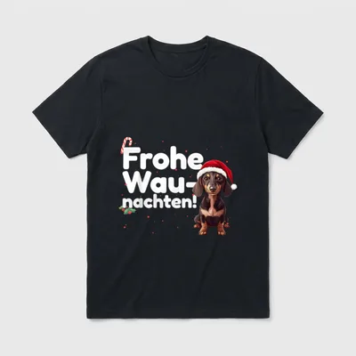Geschenke für Hundeliebhaber Frohe T-Shirt – Dackel mit Santa-Hut und Text Frohe Wau-nachten – Klassisches T-Shirt in Schwarz