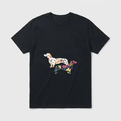 Vintage Dackel T-Shirt 0366 – Zwei überlappende Dackel-Silhouetten mit floralen Mustern – Klassisches T-Shirt in Schwarz