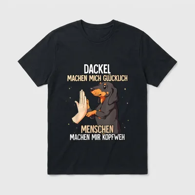 Dackel T-Shirt 0386 – Cartoon Dackel gibt High Five mit Text über Glück und Kopfweh – Klassisches T-Shirt in Schwarz