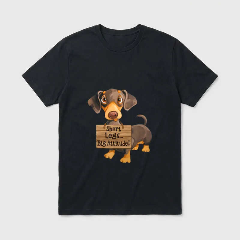 Kurze Beine Big Attitude T-Shirt – Dackel mit Holzschild Short Legs Big Attitude – Klassisches T-Shirt in Schwarz
