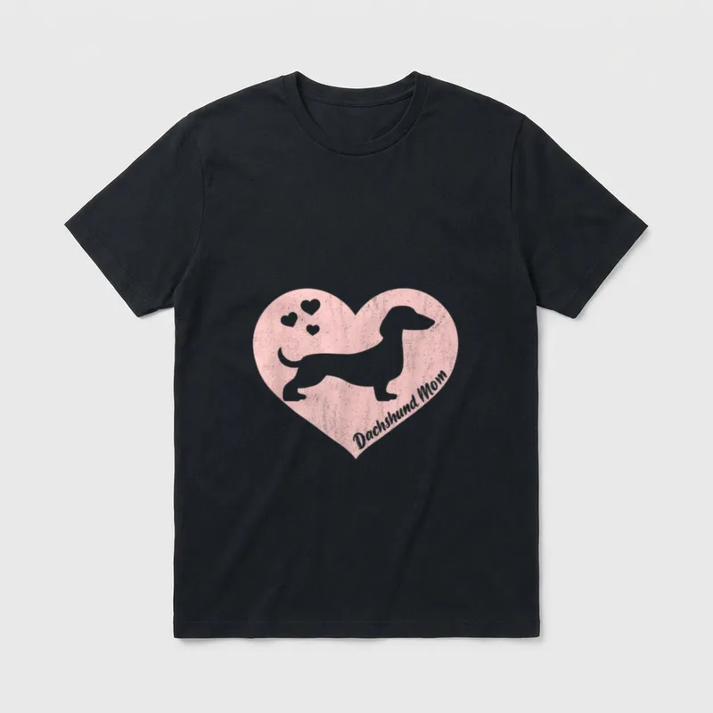 Lustiger Dackel Mama Wiener T-Shirt – Rosa Herz mit Dackel-Silhouette und Text Dachshund Mom – Klassisches T-Shirt in Schwarz