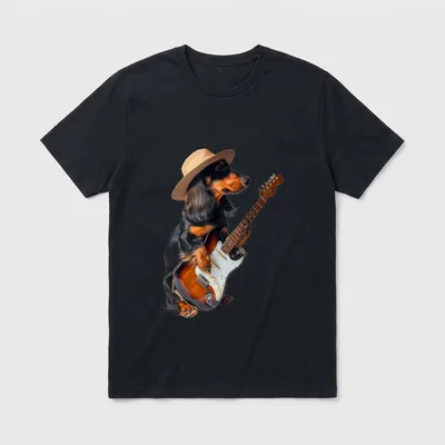 Dackel-Gitarre T-Shirt 0402 – Langhaariger Dackel mit Strohhut spielt braune Electric Guitar – Klassisches T-Shirt in Schwarz