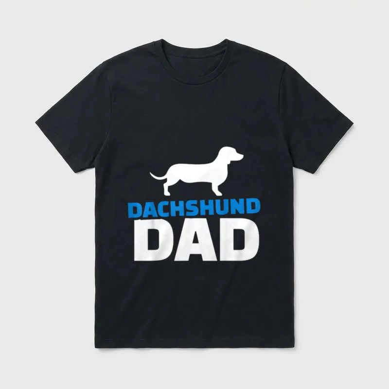 Dackel Papa T-Shirt 0442 – Weißer Dachshund neben blauem DACHSHUND und weißem DAD Text – Klassisches T-Shirt in Schwarz