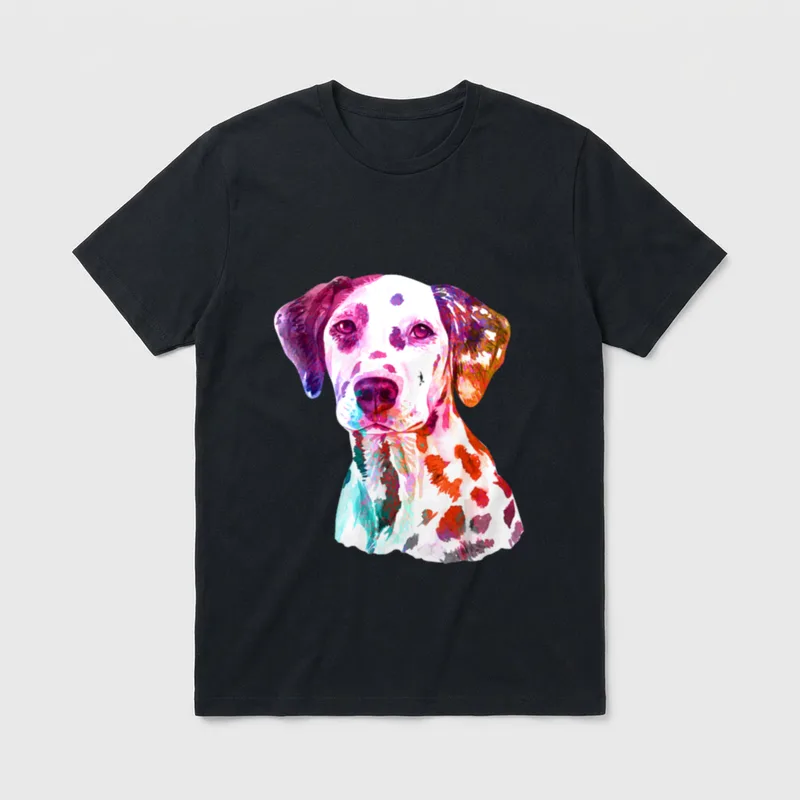 Hunde Farbenfrohes Dalmatiner T-Shirt – Wasserfarben-Dalmatiner Kopf in Violett und Orange – Klassisches T-Shirt in Schwarz