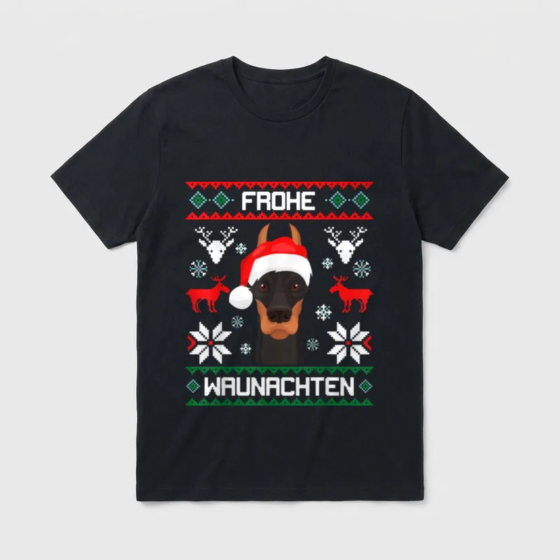 Dobermann Frohe Waunachten Weihnachten T-Shirt – Klassisches T-Shirt in Schwarz