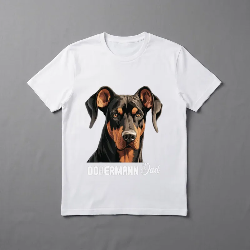 Dobermann Dad Hund Dobermann T-Shirt – Porträt eines Dobermanns mit Schriftzug DOBERMANN Dad – Klassisches T-Shirt in Schwarz