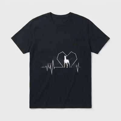 Herzschlag Dobermann T-Shirt 0088 – Weiße Dobermann-Silhouette vor Herz und Puls-Linie – Klassisches T-Shirt in Schwarz