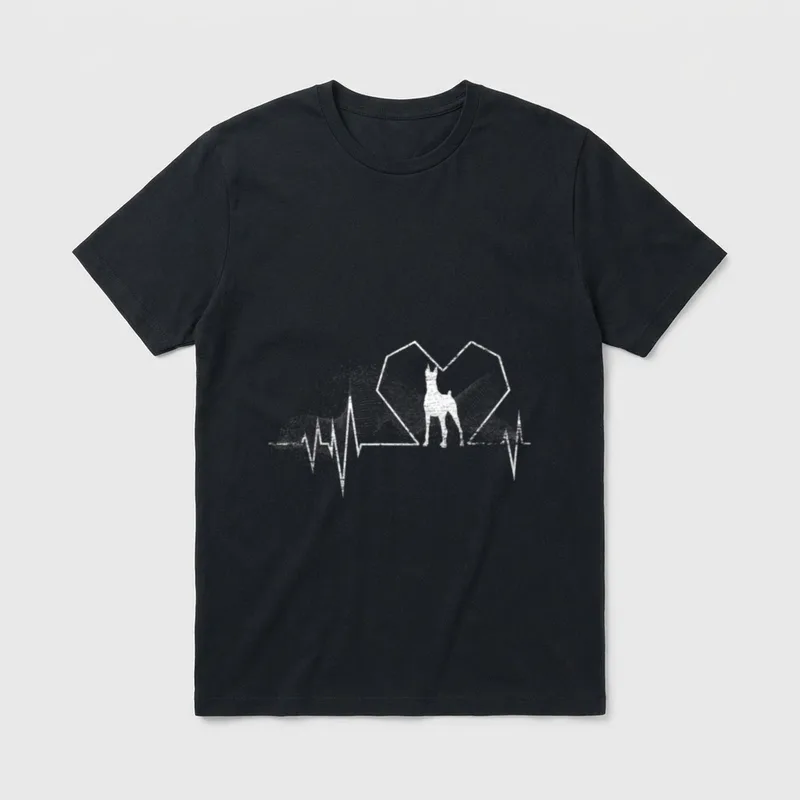 Herzschlag Dobermann T-Shirt 0088 – Weiße Dobermann-Silhouette vor Herz und Puls-Linie – Klassisches T-Shirt in Schwarz