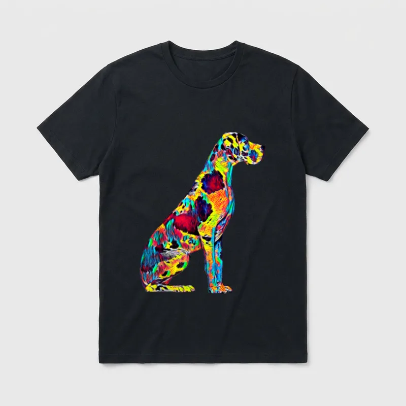 Deutsche Dogge T Big T-Shirt – Sitzender Hund in bunten Abstraktionslinien und Farbflecken – Klassisches T-Shirt in Schwarz