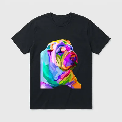 Shar Pei Pop Art T-Shirt – Buntes geometrisches Pop Art Porträt eines Shar Pei Hundes – Klassisches T-Shirt in Schwarz