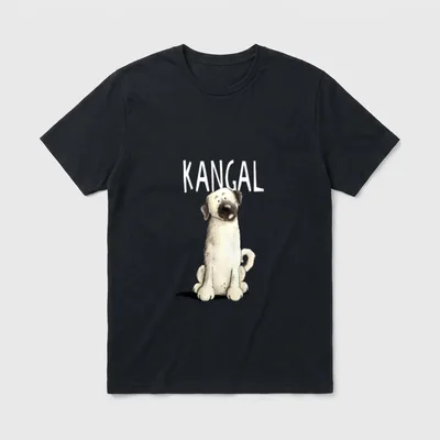 Lustiger Kangal Hirtenhund I T-Shirt – Sitzender Kangal-Welp mit weißem KANGAL-Schriftzug – Klassisches T-Shirt in Schwarz