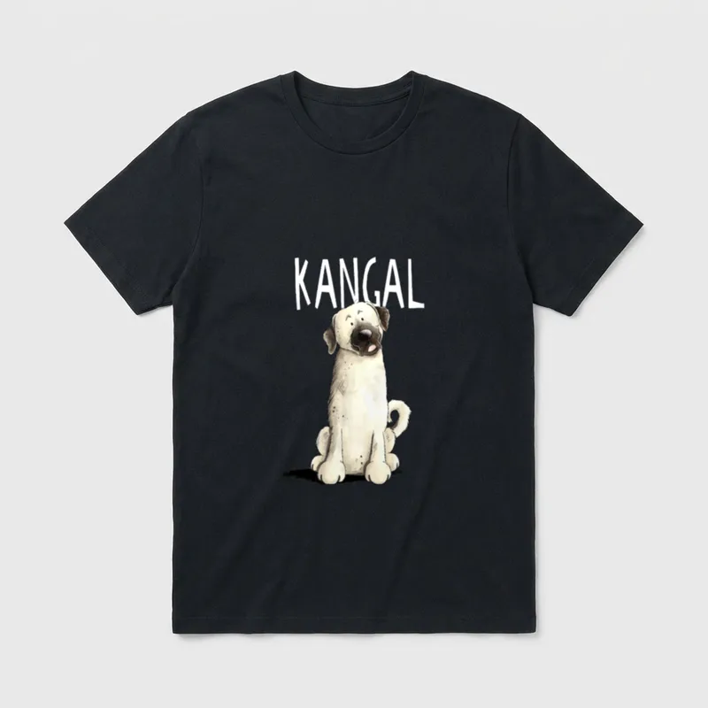 Lustiger Kangal Hirtenhund I T-Shirt – Sitzender Kangal-Welp mit weißem KANGAL-Schriftzug – Klassisches T-Shirt in Schwarz