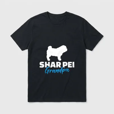 Shar Pei Opa T-Shirt – Weißer Shar Pei Hund mit Text SHAR PEI Grandpa in Blau – Klassisches T-Shirt in Schwarz