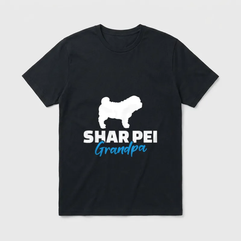 Shar Pei Opa T-Shirt – Weißer Shar Pei Hund mit Text SHAR PEI Grandpa in Blau – Klassisches T-Shirt in Schwarz