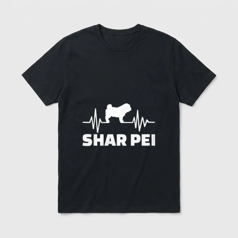 Shar Pei Herzschlag T-Shirt – Weiße EKG-Linie mit Hundesilhouette und Text SHAR PEI – Klassisches T-Shirt in Schwarz