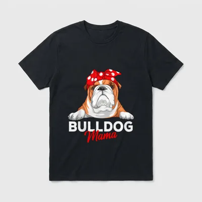 Englische Bulldogge Mama Bully T-Shirt – Bulldogge mit rotem Kopftuch und Text BULLDOG Mama – Klassisches T-Shirt in Schwarz