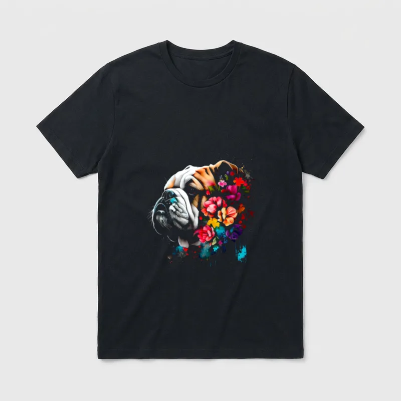 Aquarell-Englische Bulldogge mit Blumen T-Shirt – Klassisches T-Shirt in Schwarz